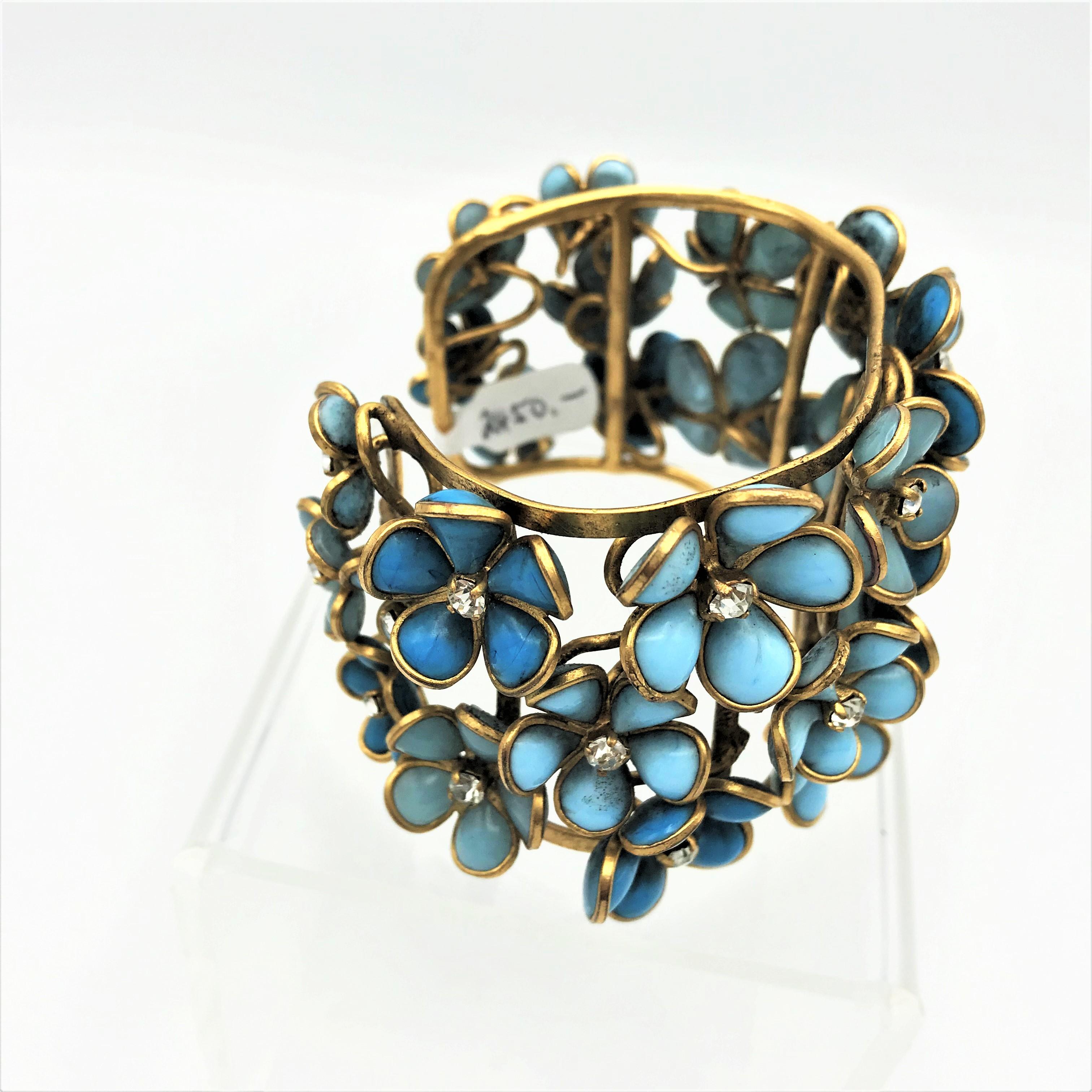 Baguette Cut Flower open bracelet with many Gripoix flowers and rhinestones, gold plated 