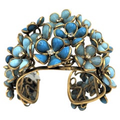 Flower open bracelet with many Gripoix flowers and rhinestones, gold plated 