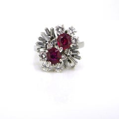 Flower Cushion Cut Ruby and Tappers Brilliant Cut Diamonds Cluster Ring