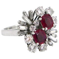 Flower Cushion Cut Ruby and Tappers Brilliant Cut Diamonds Cluster Ring