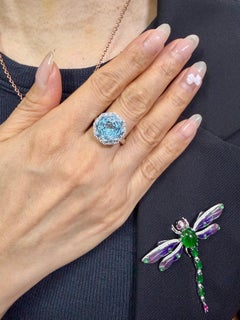 Flower Cut Powder Blue Topaz 13.5mm and Diamond Cocktail Ring, Statement Ring