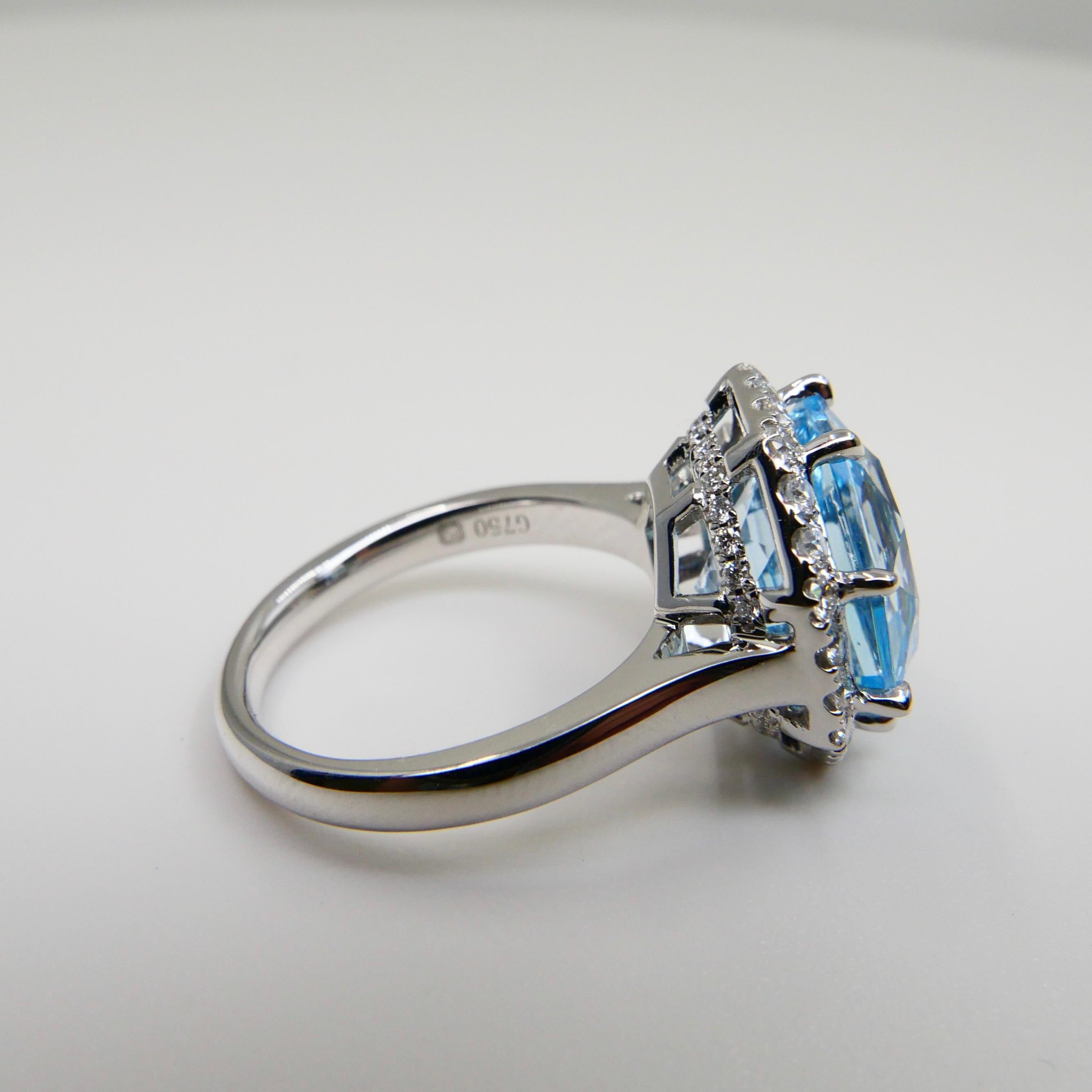 Flower Cut Powder Blue Topaz 13.5mm and Diamond Cocktail Ring, Statement Ring For Sale 3