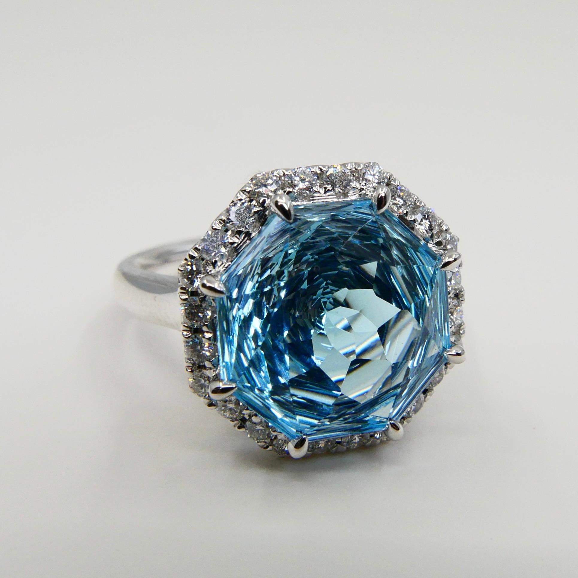 Flower Cut Powder Blue Topaz 13.5mm and Diamond Cocktail Ring, Statement Ring For Sale 4
