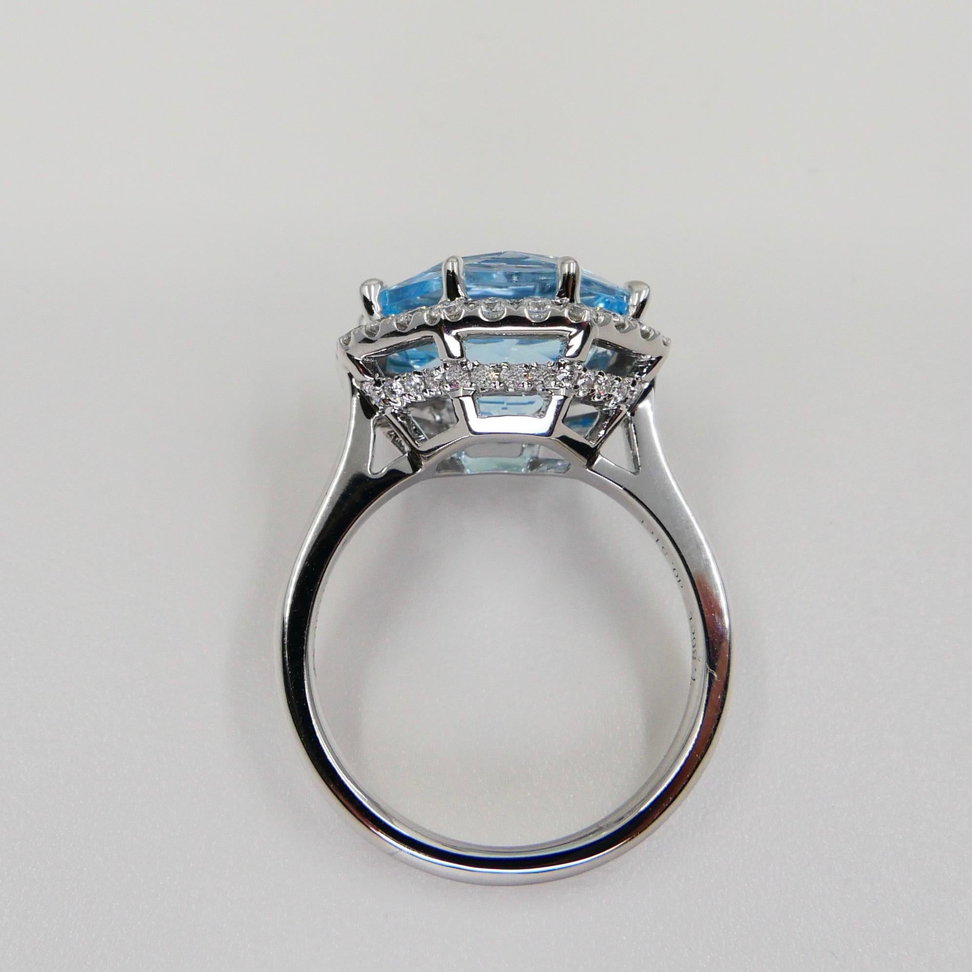 Flower Cut Powder Blue Topaz 13.5mm and Diamond Cocktail Ring, Statement Ring For Sale 5