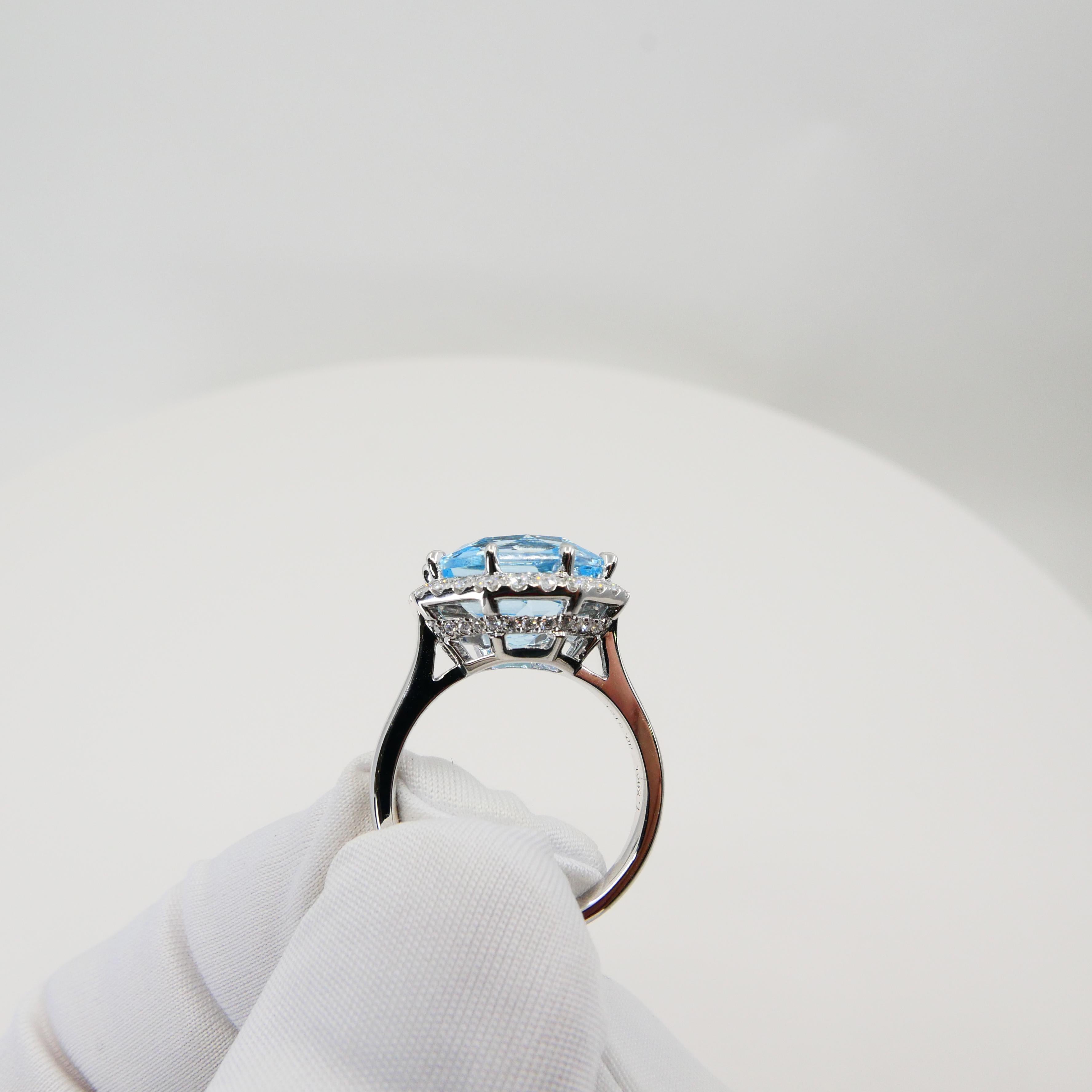Flower Cut Powder Blue Topaz 13.5mm and Diamond Cocktail Ring, Statement Ring For Sale 6