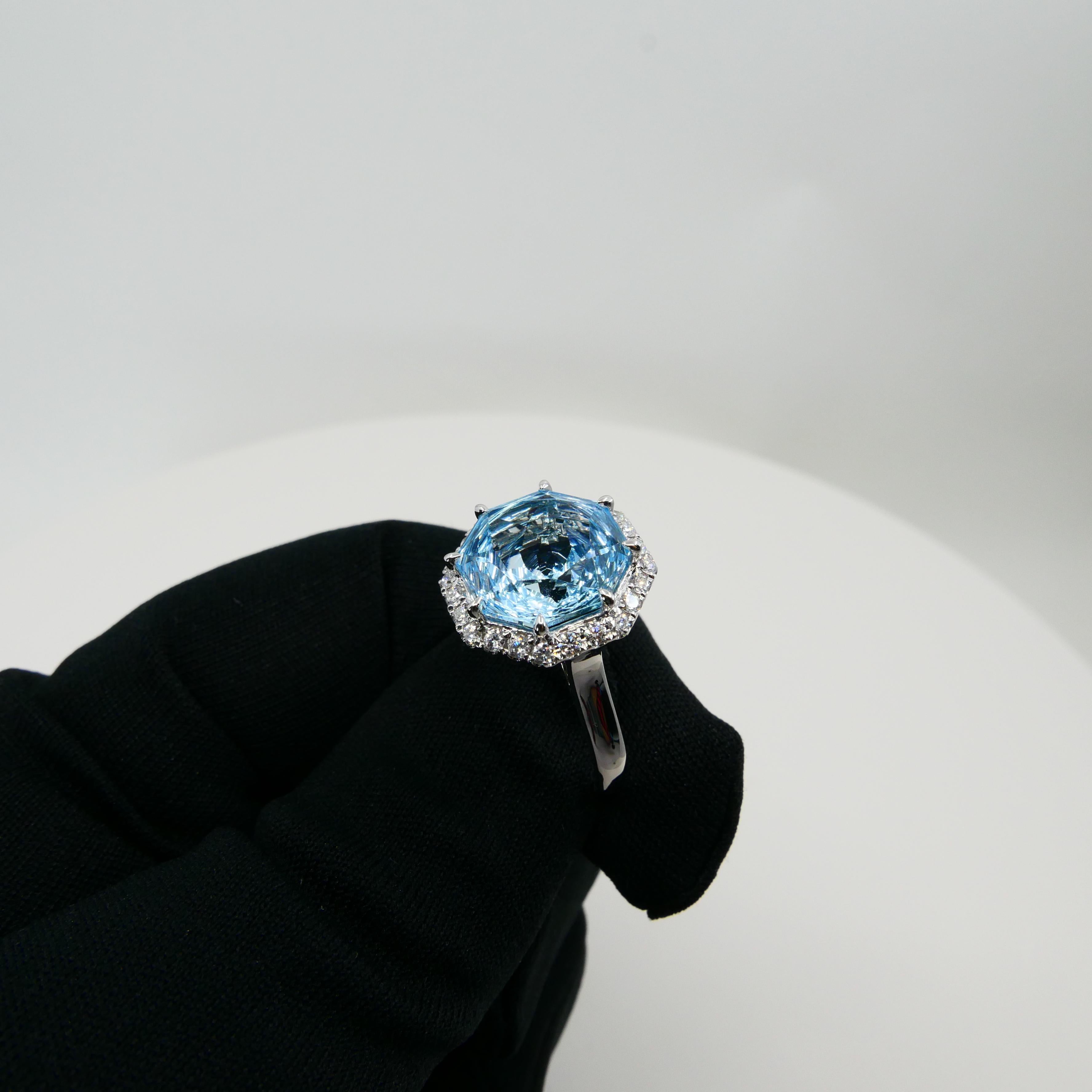 Flower Cut Powder Blue Topaz 7.86 Cts and Diamond Cocktail Ring, Statement Ring For Sale 7