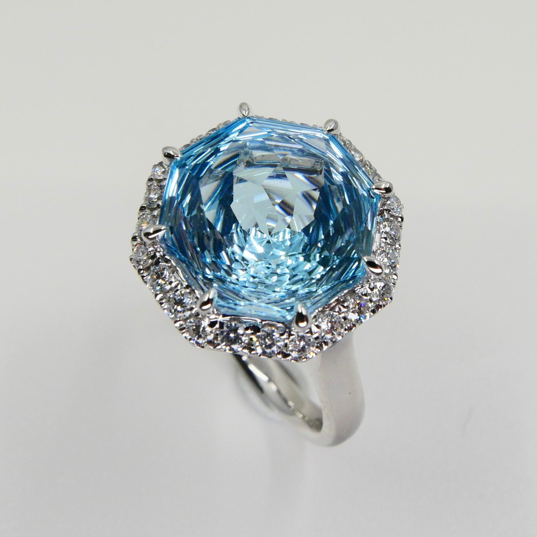Contemporary Flower Cut Powder Blue Topaz 7.86 Cts and Diamond Cocktail Ring, Statement Ring For Sale
