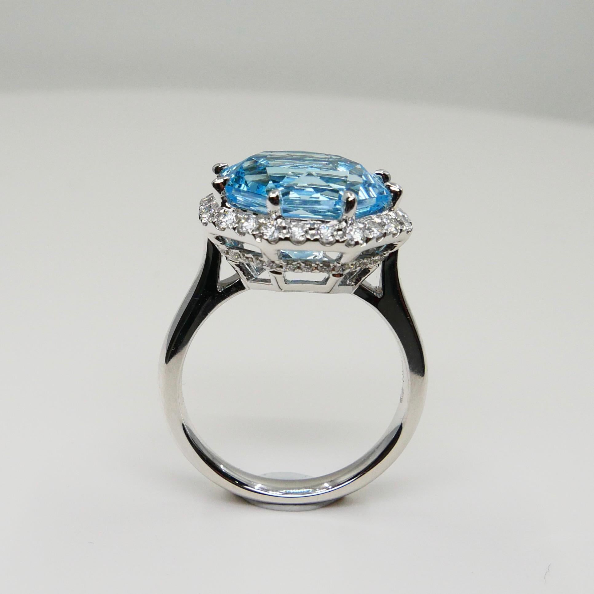 Octagon Cut Flower Cut Powder Blue Topaz 13.5mm and Diamond Cocktail Ring, Statement Ring For Sale