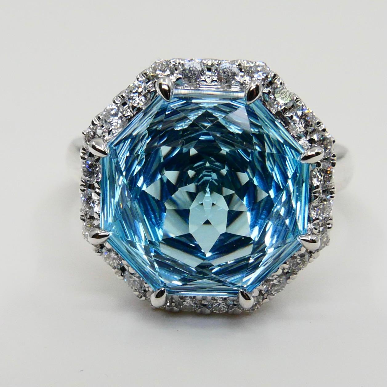 Flower Cut Powder Blue Topaz 13.5mm and Diamond Cocktail Ring, Statement Ring In New Condition For Sale In Hong Kong, HK