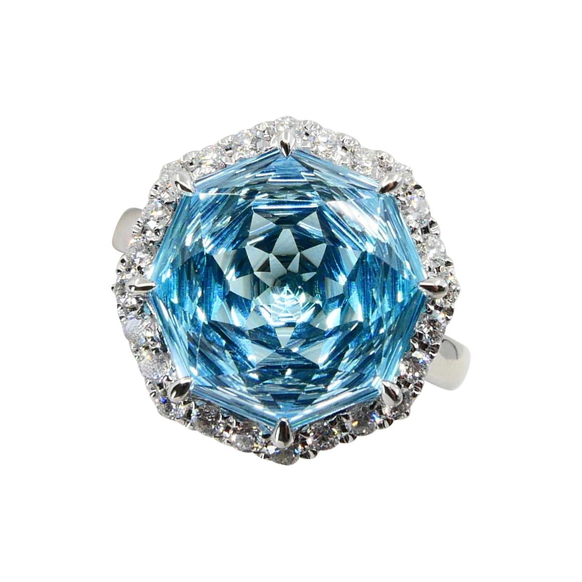Flower Cut Powder Blue Topaz 7.86 Cts and Diamond Cocktail Ring, Statement Ring For Sale