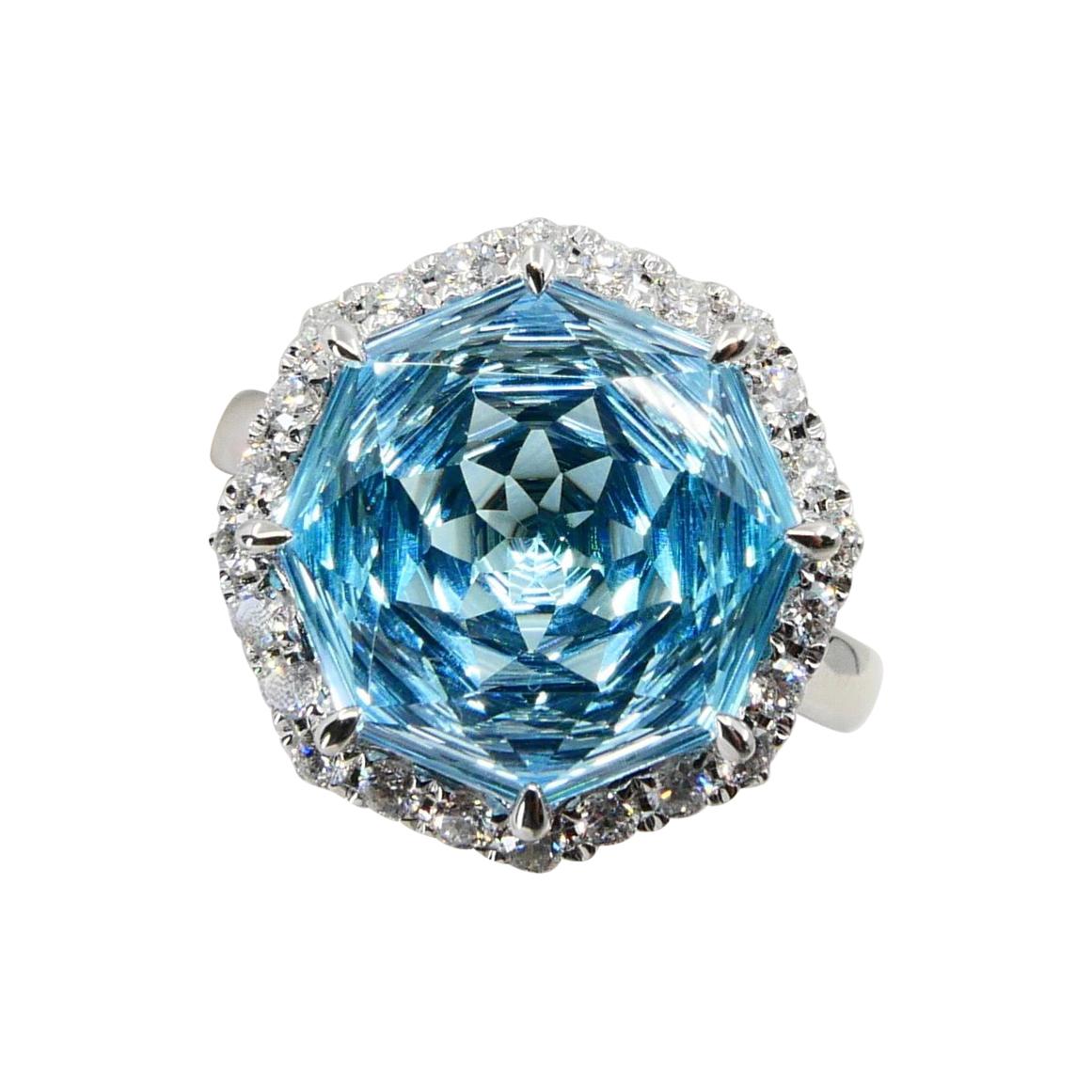 Flower Cut Powder Blue Topaz 13.5mm and Diamond Cocktail Ring, Statement Ring