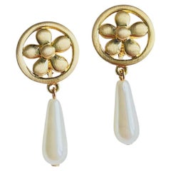Flower Daisy Circle Round Openwork Long Water Drop White Pearl Gold Earrings