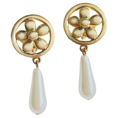 Flower Daisy Round Openwork Long Water Drop White Pearl Gold Clip On Earrings
