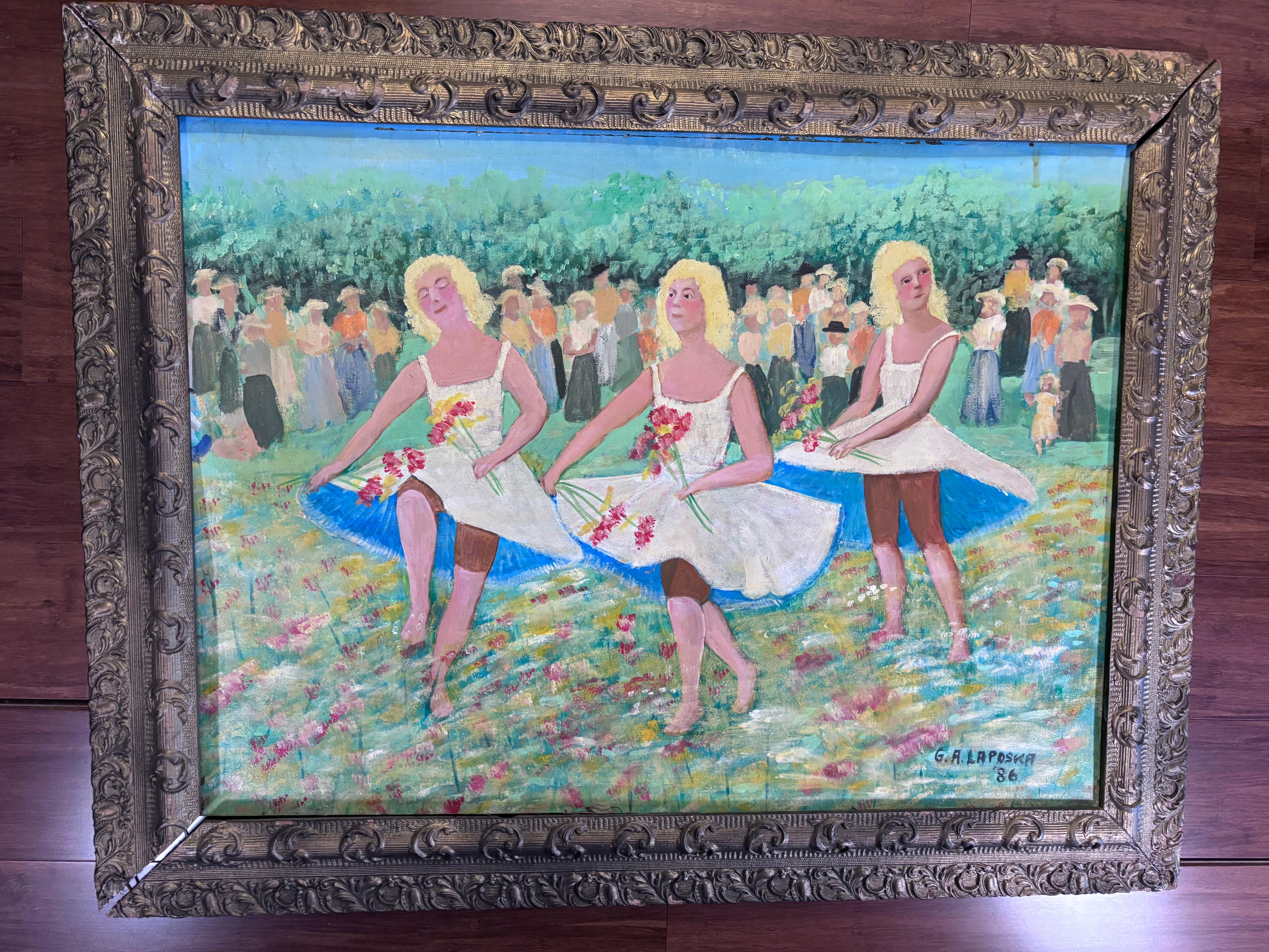 A Trio of Young Women Are Dancing in a meadow of colorful flowers - Vibrant Colored Hand Painting

A framed oil painting on  canvas panel by Self Taught Outsider Surrealist Folk Artist Gloria Antoinette Laposka (1922-2015)

Said Laposka: 