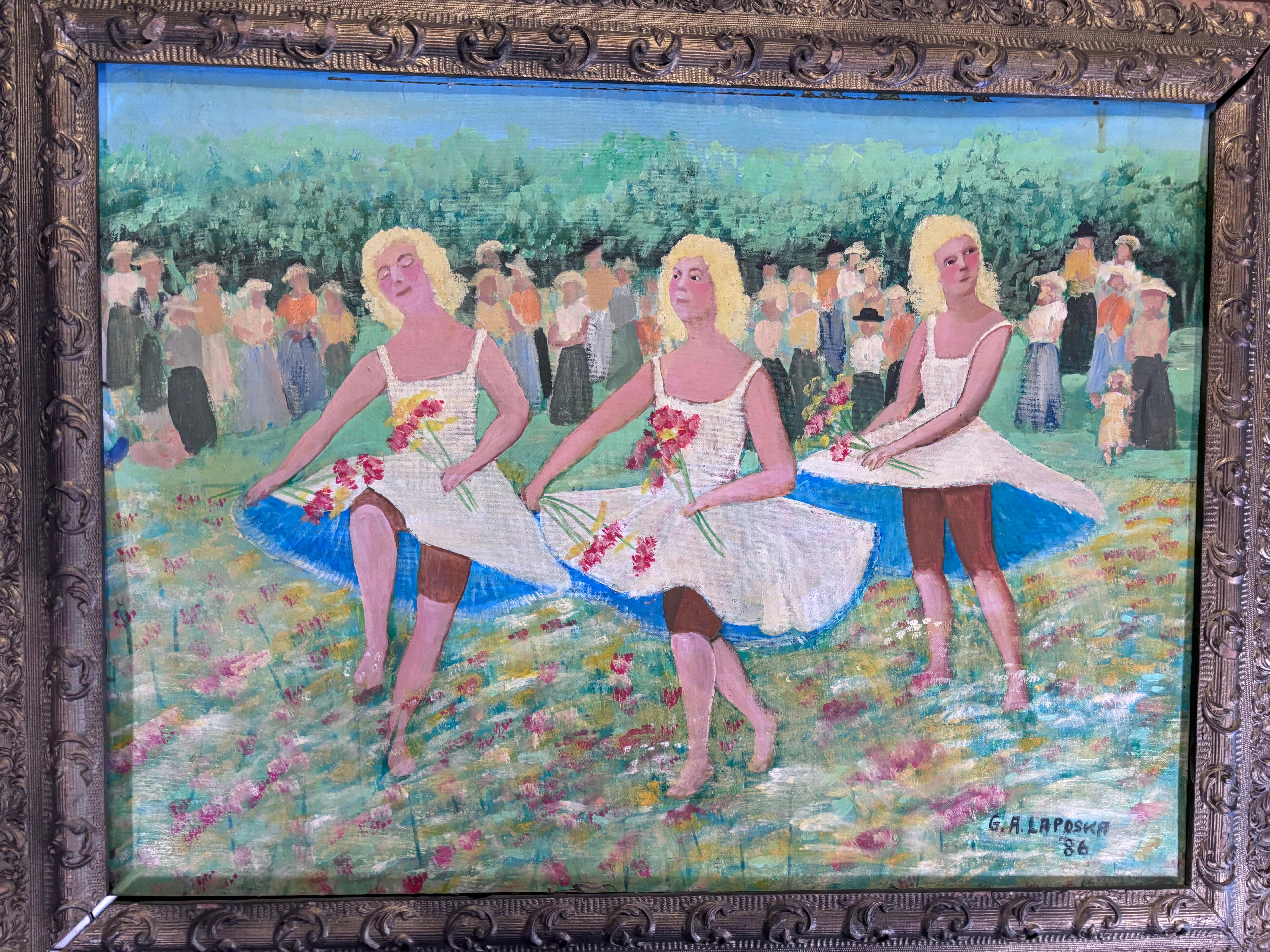 American Flower Dancing In The Meadow Oil Painting Outsider Folk Artist Gloria Laposka For Sale