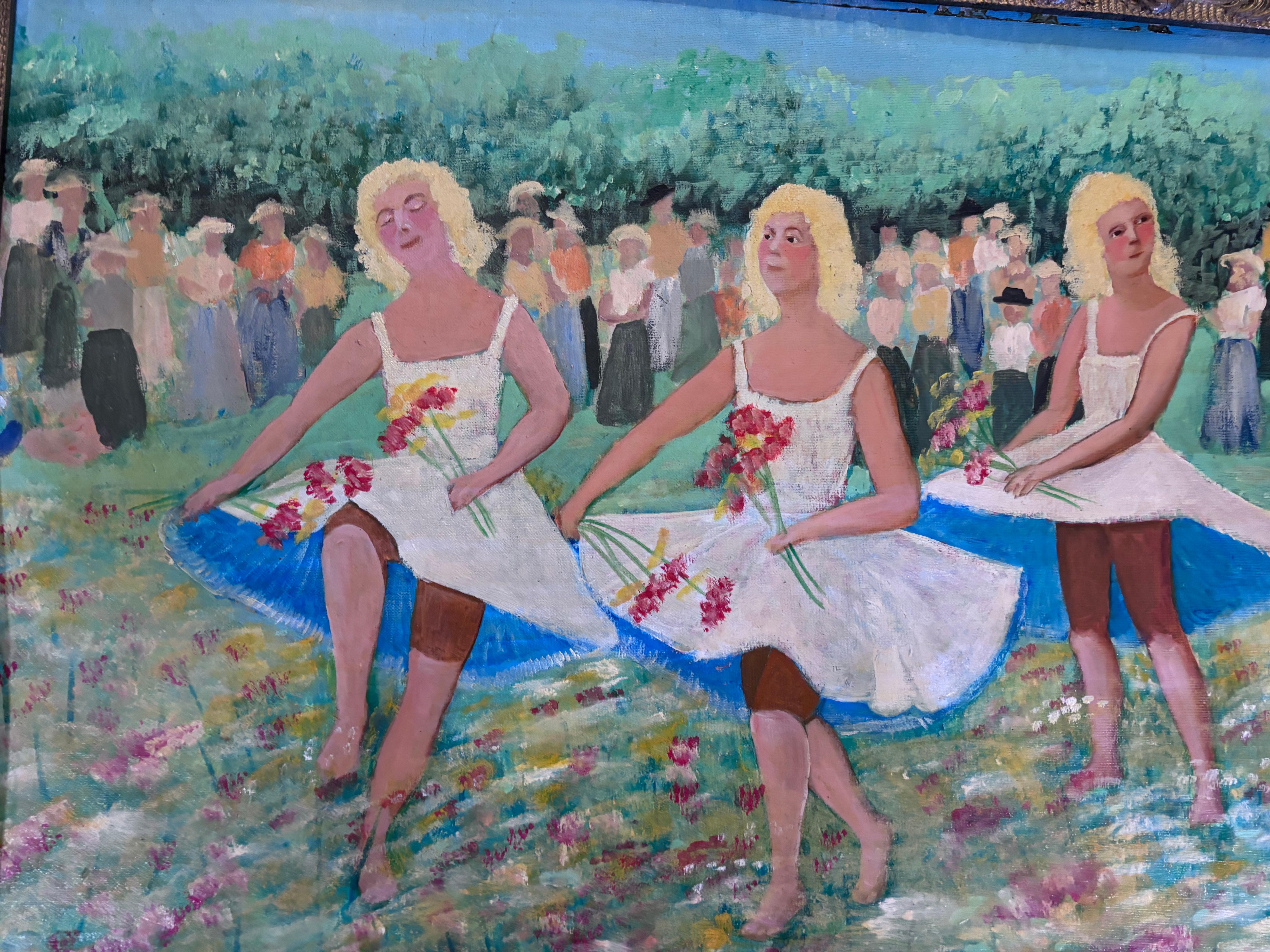 Hand-Painted Flower Dancing In The Meadow Oil Painting Outsider Folk Artist Gloria Laposka For Sale