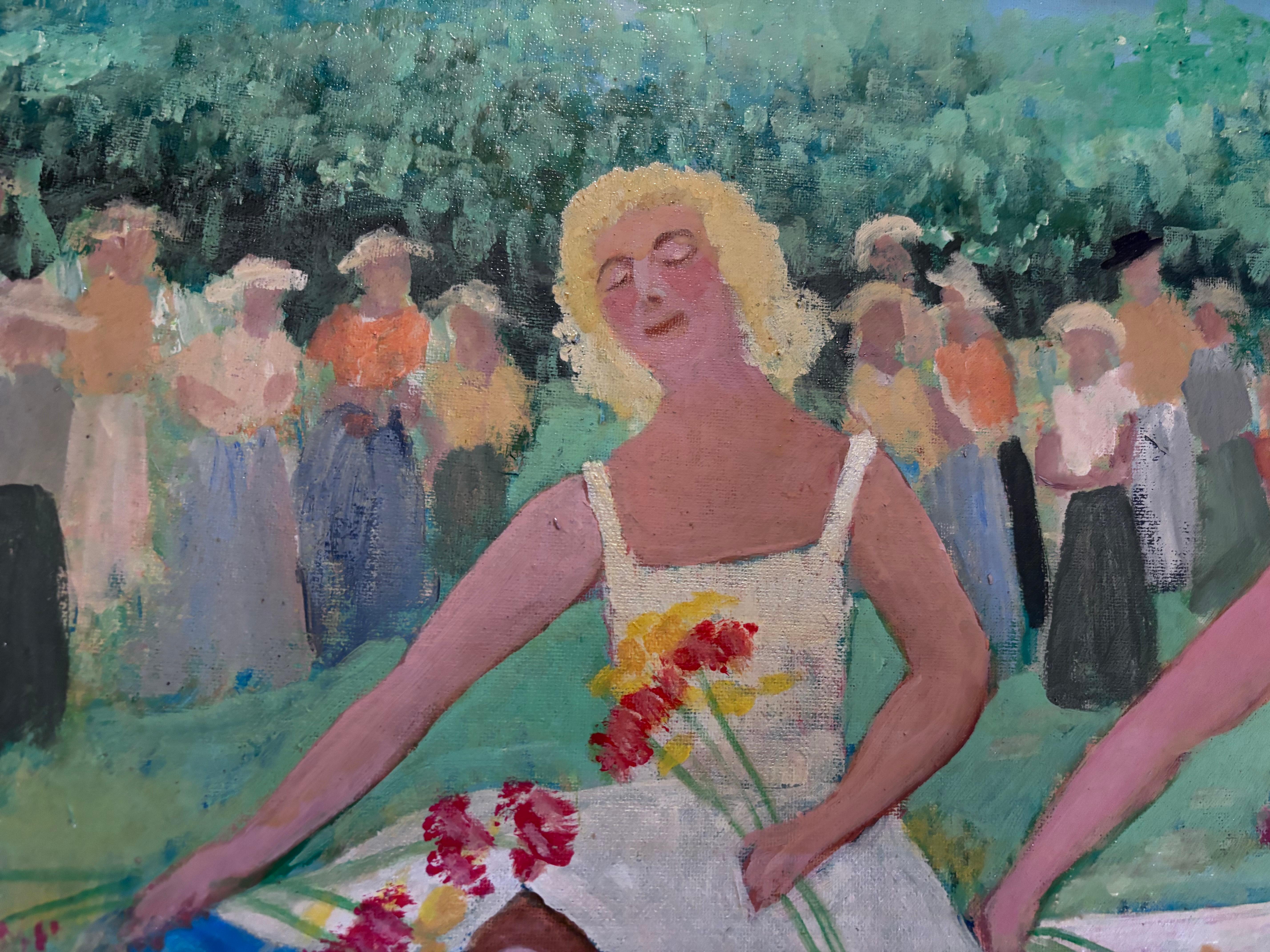 Flower Dancing In The Meadow Oil Painting Outsider Folk Artist Gloria Laposka In Good Condition For Sale In South Burlington, VT