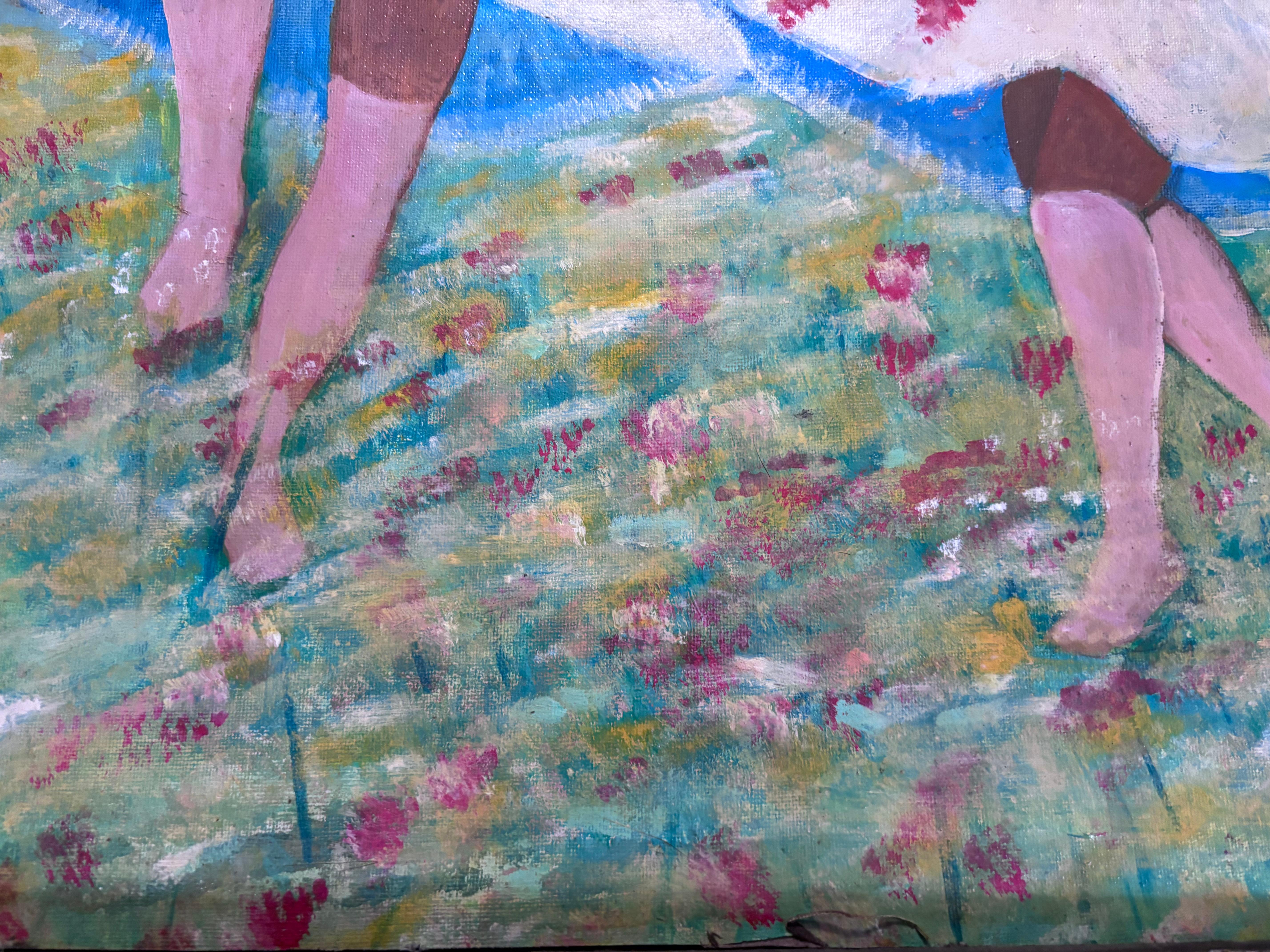 20th Century Flower Dancing In The Meadow Oil Painting Outsider Folk Artist Gloria Laposka For Sale
