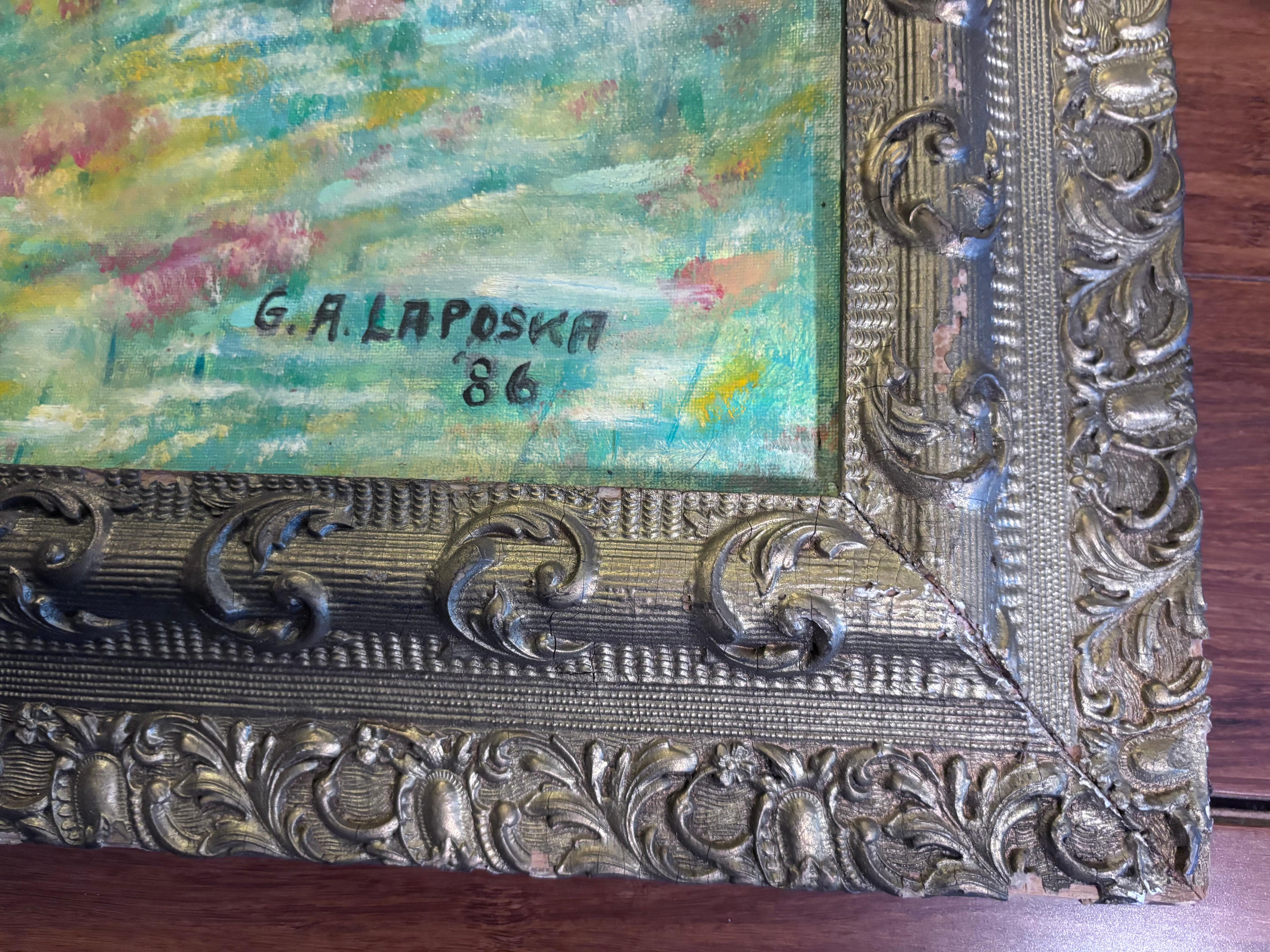 Canvas Flower Dancing In The Meadow Oil Painting Outsider Folk Artist Gloria Laposka For Sale