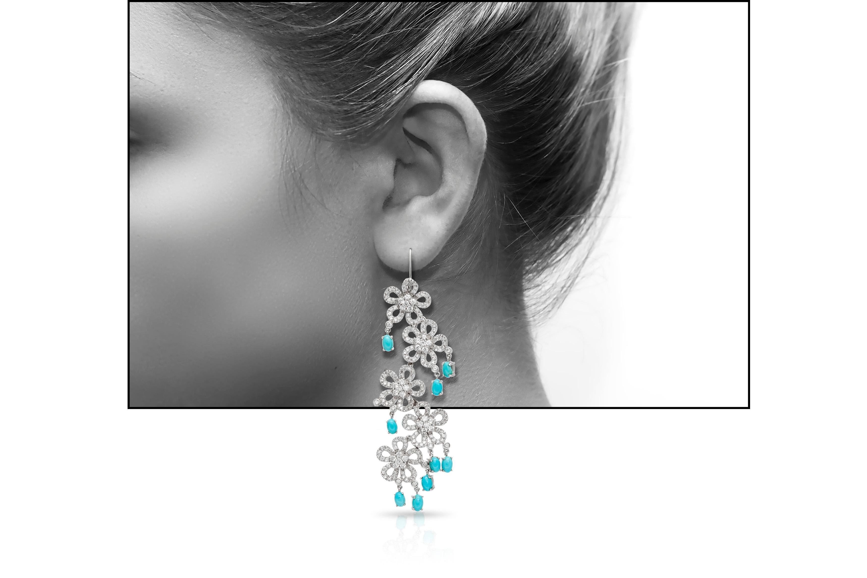 Round Cut Flower Dangle Earrings with Diamonds and Turquoise