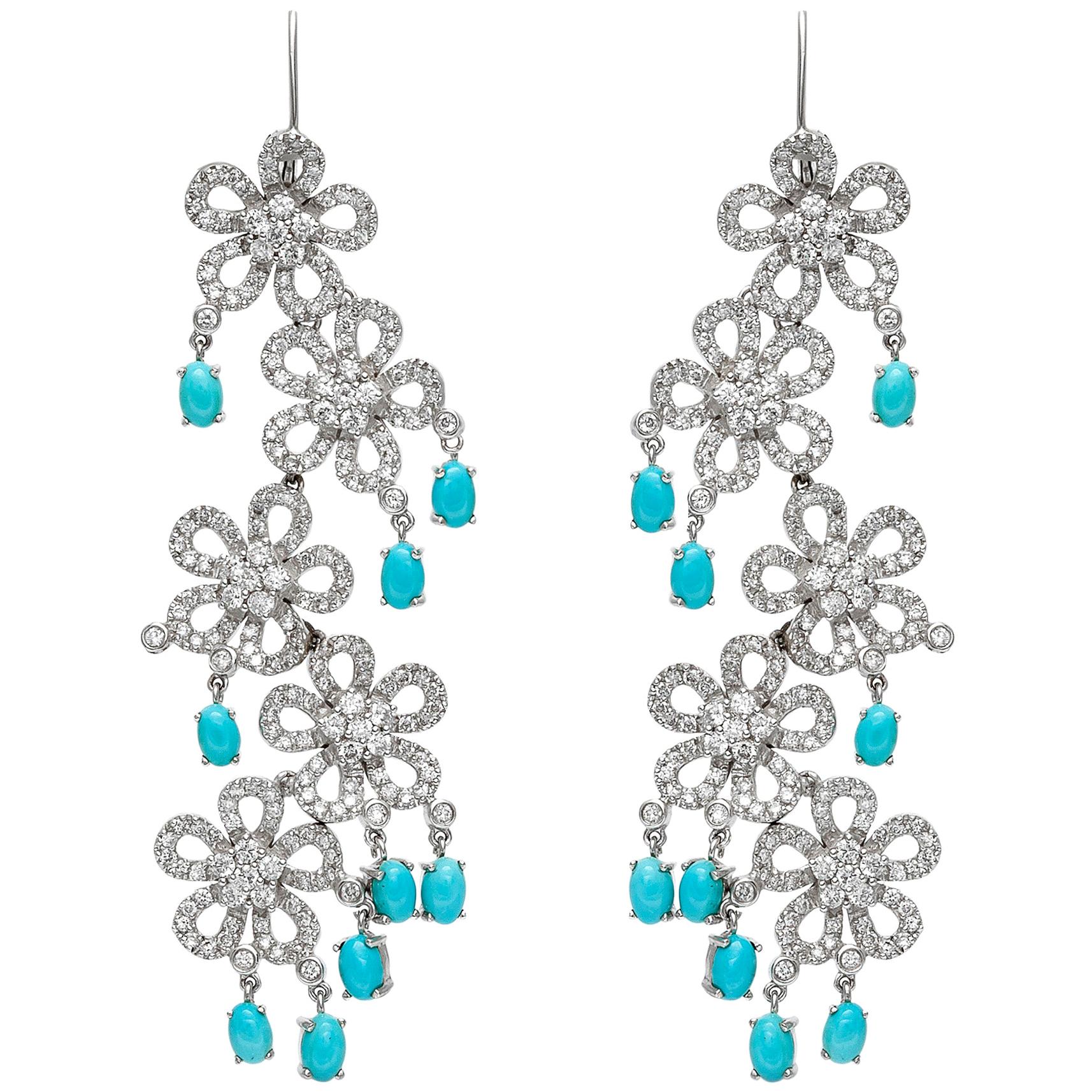 Flower Dangle Earrings with Diamonds and Turquoise For Sale