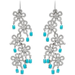 Flower Dangle Earrings with Diamonds and Turquoise