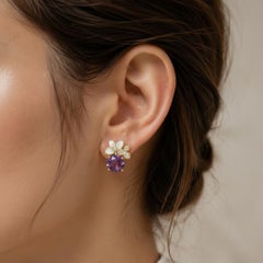 Boucles d'oreilles Améthyste design fleur avec Topaze incolore, argent, or