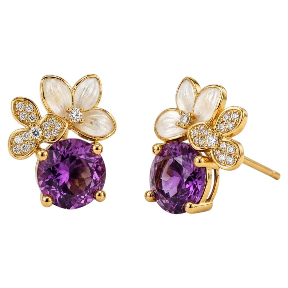 Pendientes de amatista con diseño de flor y topacio incoloro, plata, oro