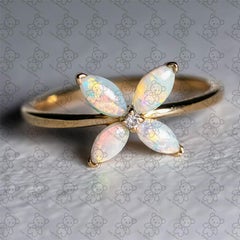 Anillo de compromiso y boda con diseño floral, ópalo australiano, cristal y diamantes, de 14K