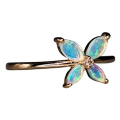 Flower Design Australian Crystal Opal Diamond Engagement Wedding Ring 14K