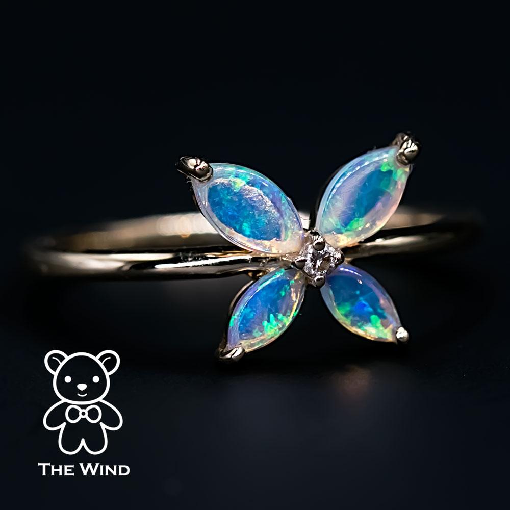 Artist Flower Design Australian Opal Diamond Engagement Ring 14K Yellow Gold For Sale