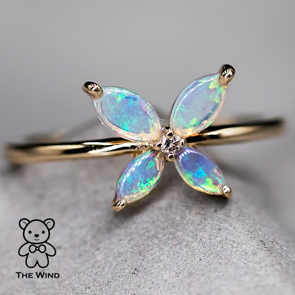 Artist Flower Design Australian Opal Diamond Engagement Ring 14K Yellow Gold For Sale