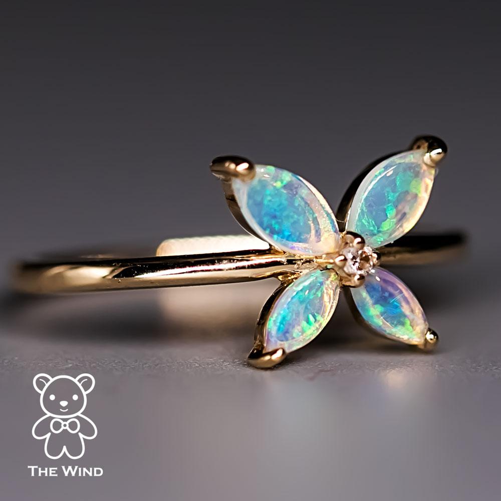 Women's or Men's Flower Design Australian Opal Diamond Engagement Ring 14K Yellow Gold For Sale