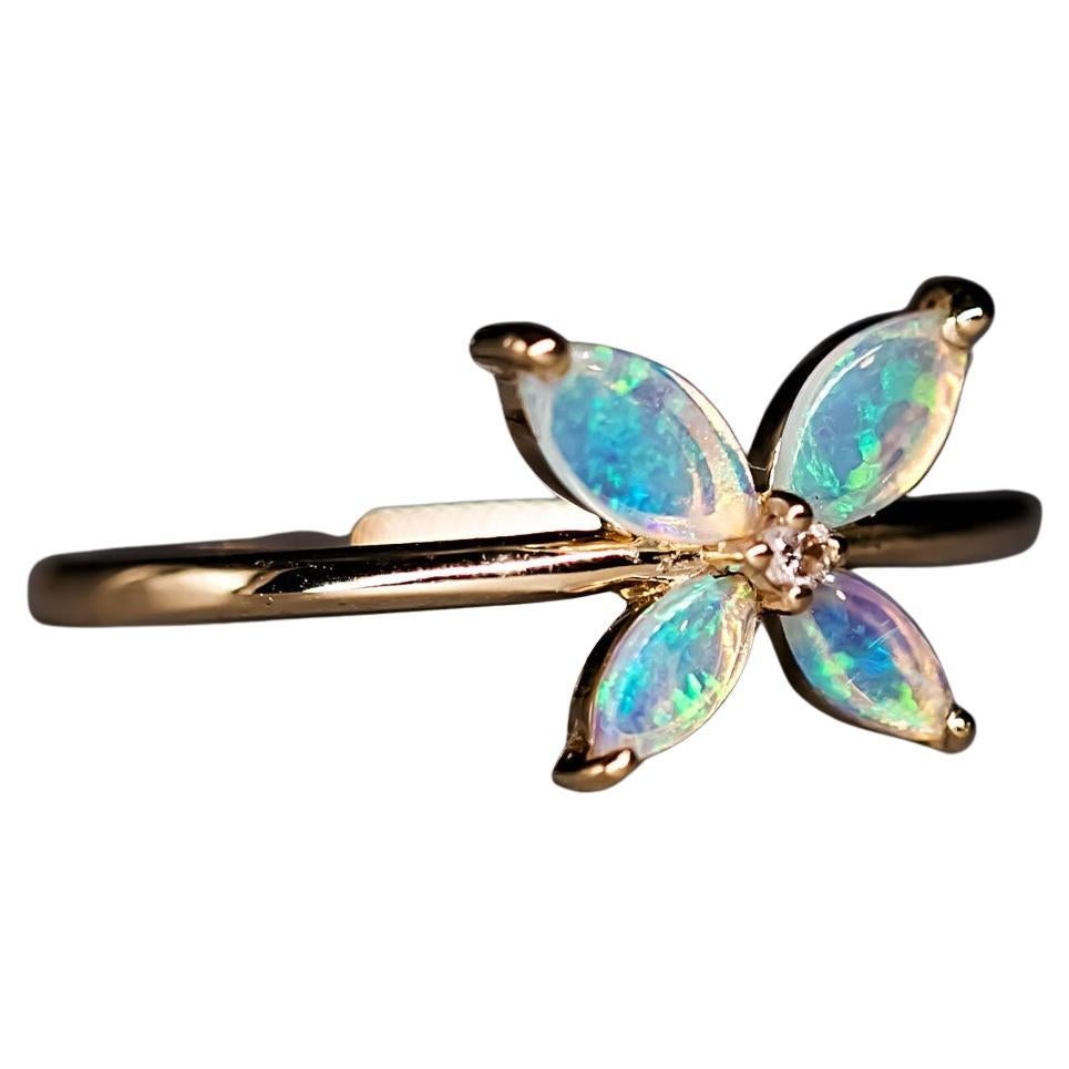 Flower Design Australian Opal Diamond Engagement Ring 14K Yellow Gold For Sale