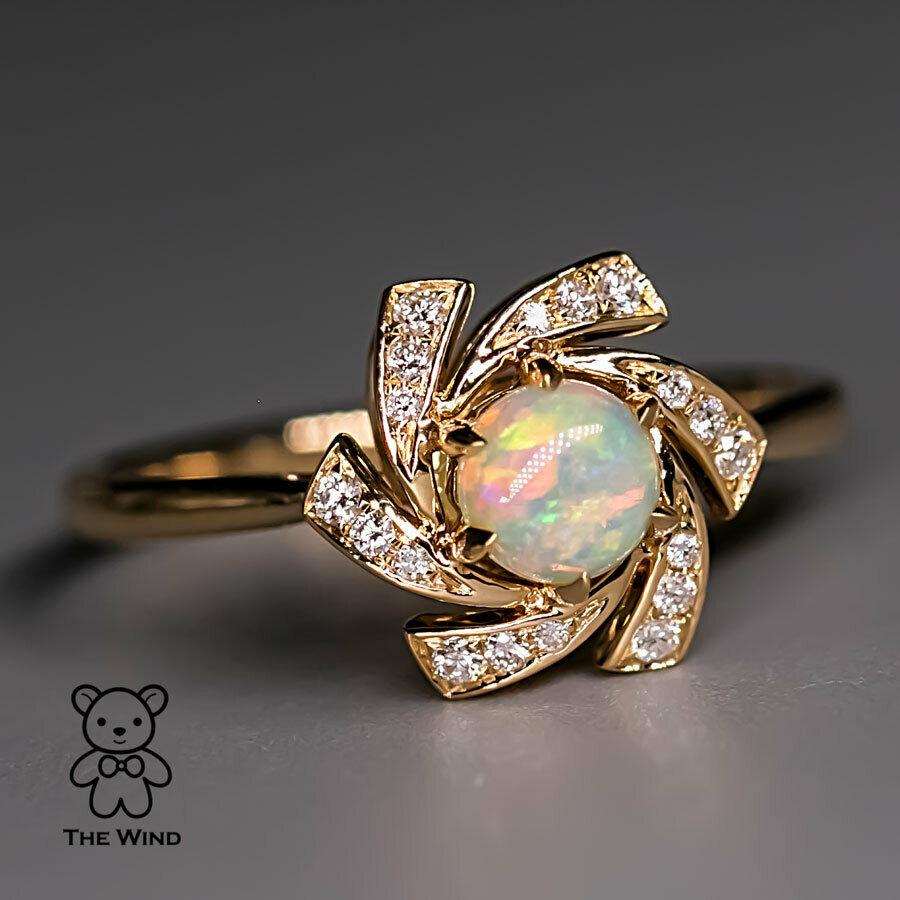 Brilliant Cut Flower Design Australian Solid Opal Diamond Engagement Wedding Ring For Sale
