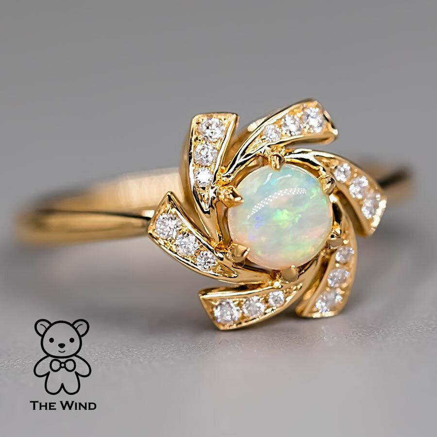 Flower Design Australian Solid Opal Diamond Engagement Wedding Ring In New Condition For Sale In Suwanee, GA