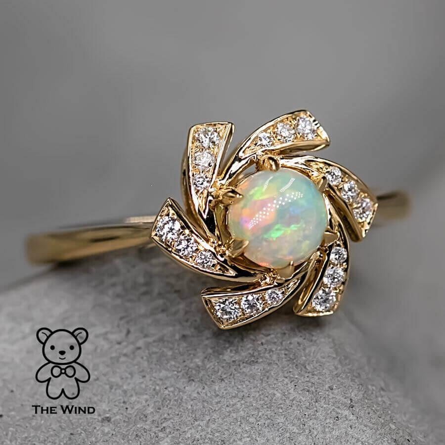 Women's Flower Design Australian Solid Opal Diamond Engagement Wedding Ring For Sale