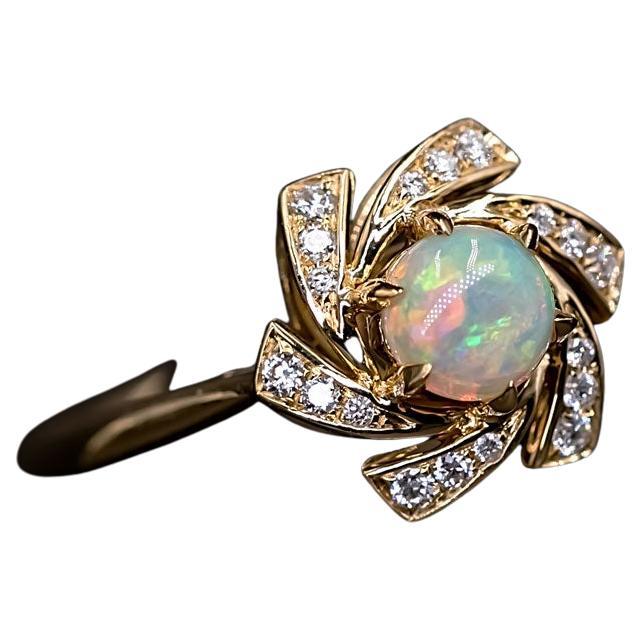 Flower Design Australian Solid Opal Diamond Engagement Wedding Ring For Sale