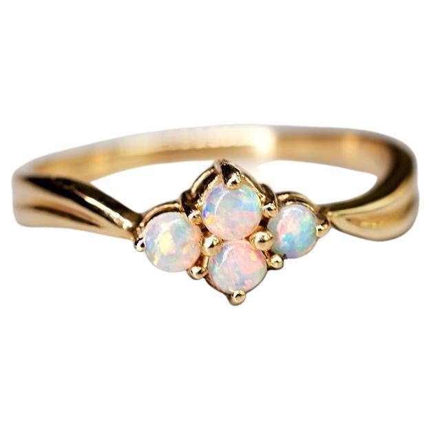 Flower Design Australian Solid Opal Ring 14K Yellow Gold For Sale