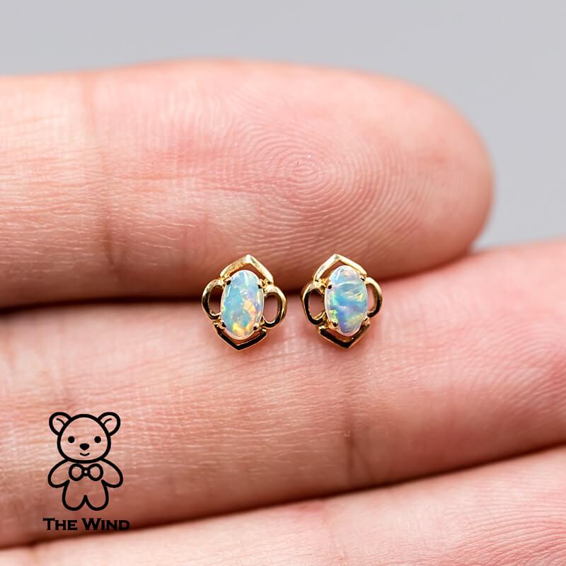 Brilliant Cut Flower Design Australian Solid Opal Stud Earrings 14k Yellow Gold For Sale