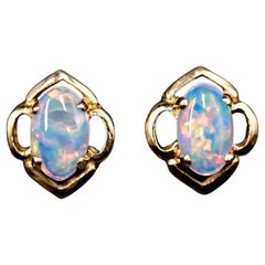 Flower Design Australian Solid Opal Stud Earrings 14k Yellow Gold