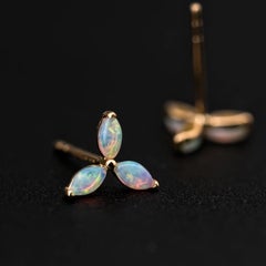 Three Stone Marquise Australian Solid Opal Stud Earrings 18K Yellow Gold