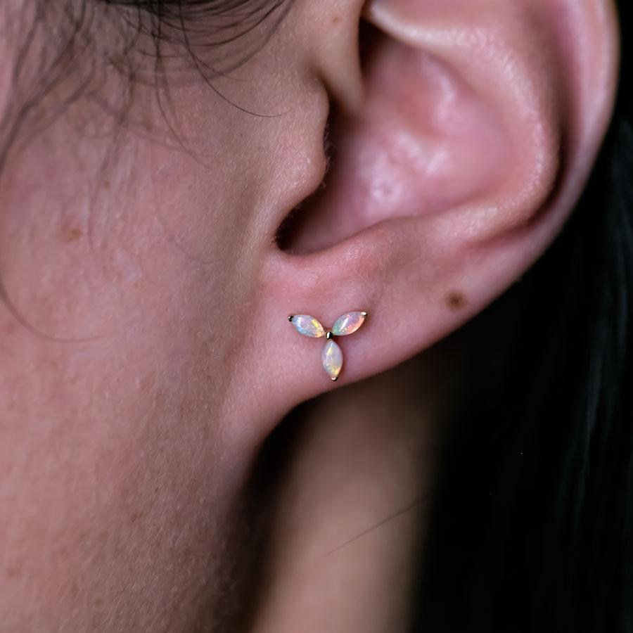 Arts and Crafts Flower Design Australian Solid Opal Stud Earrings 18K Yellow Gold For Sale