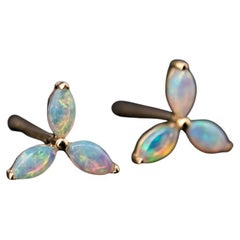 Flower Design Australian Solid Opal Stud Earrings 18K Yellow Gold