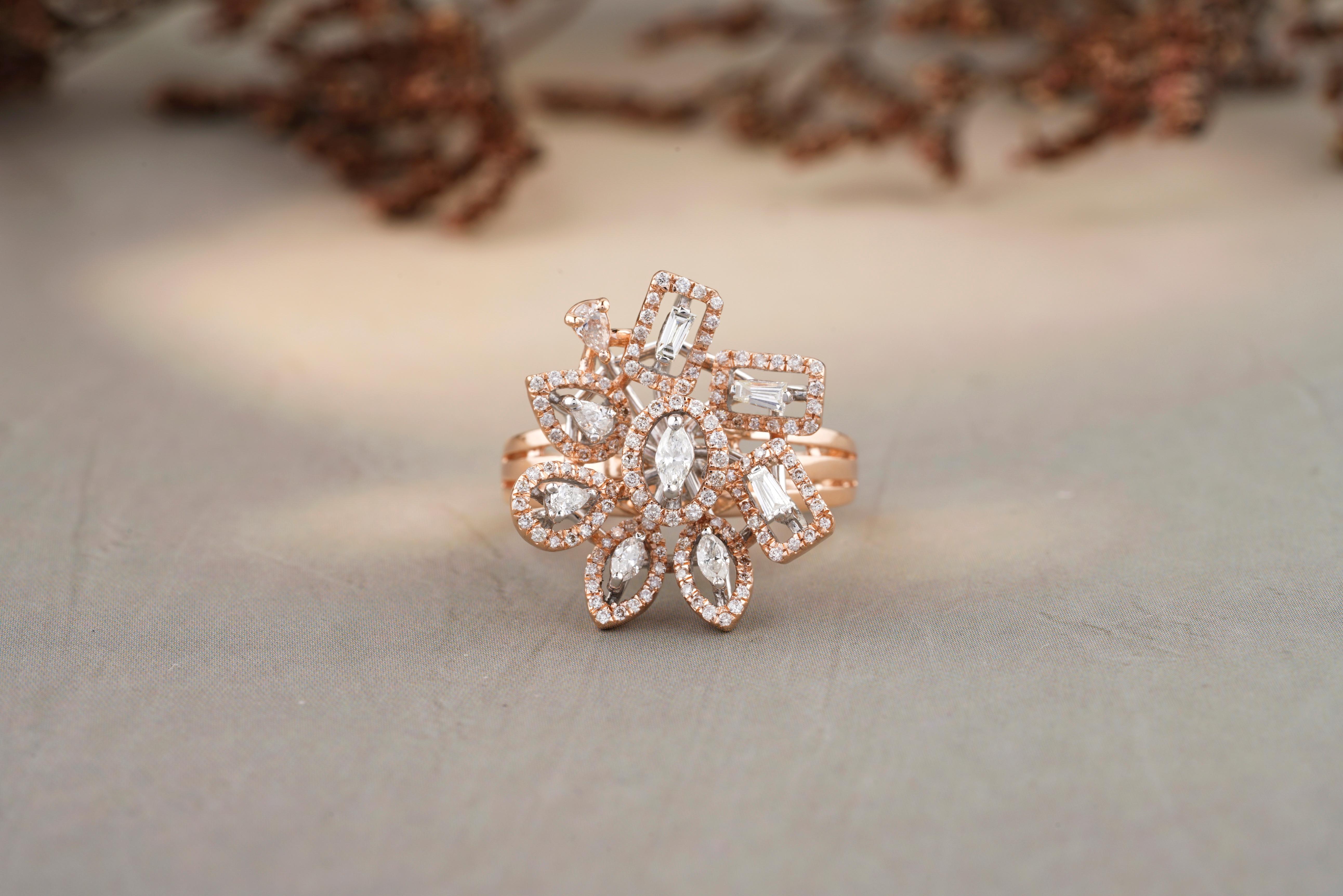 For Sale:  Flower Design Baguette, Marquise & Pear Diamond Ring in 18k Solid Gold 2