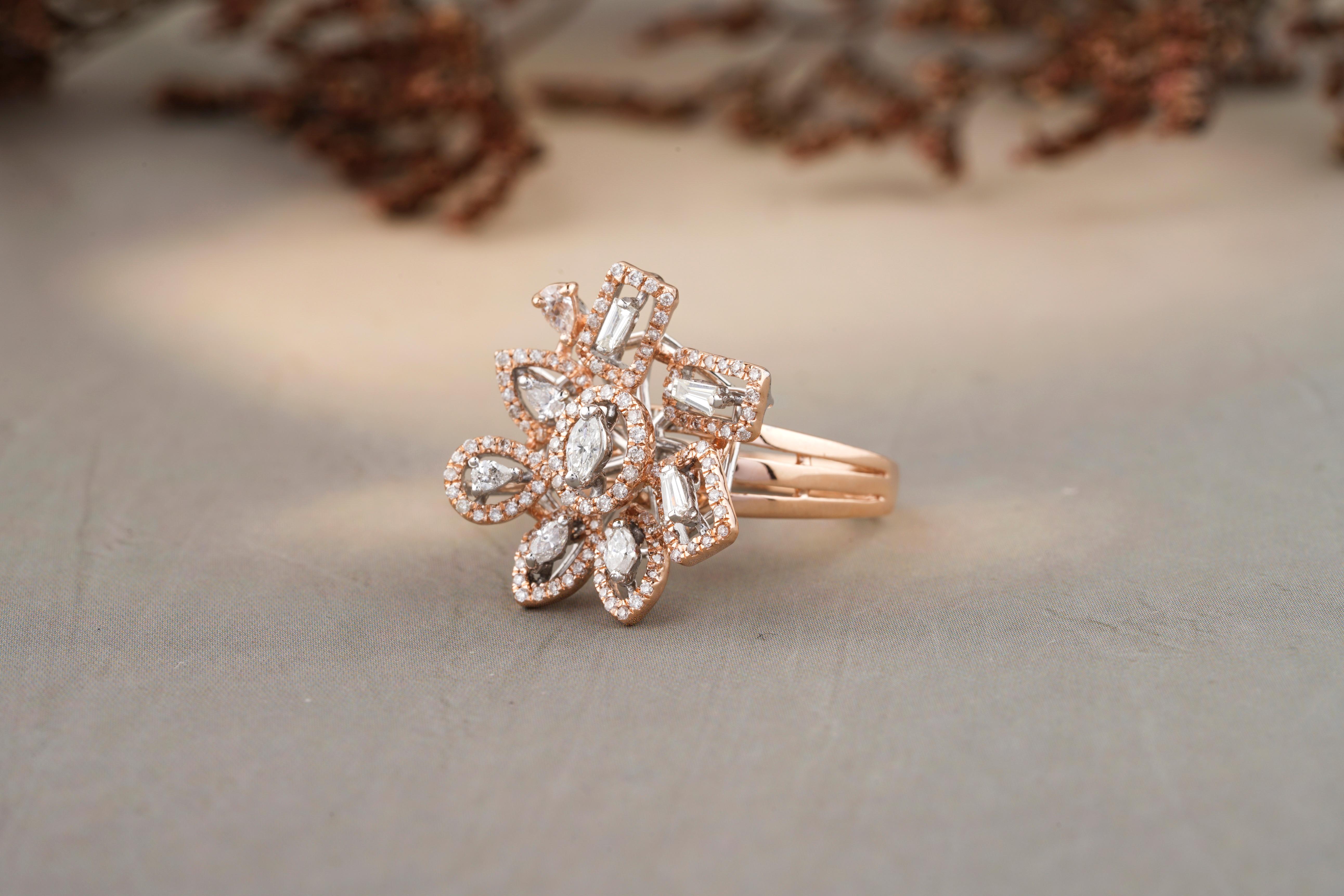 For Sale:  Flower Design Baguette, Marquise & Pear Diamond Ring in 18k Solid Gold 3