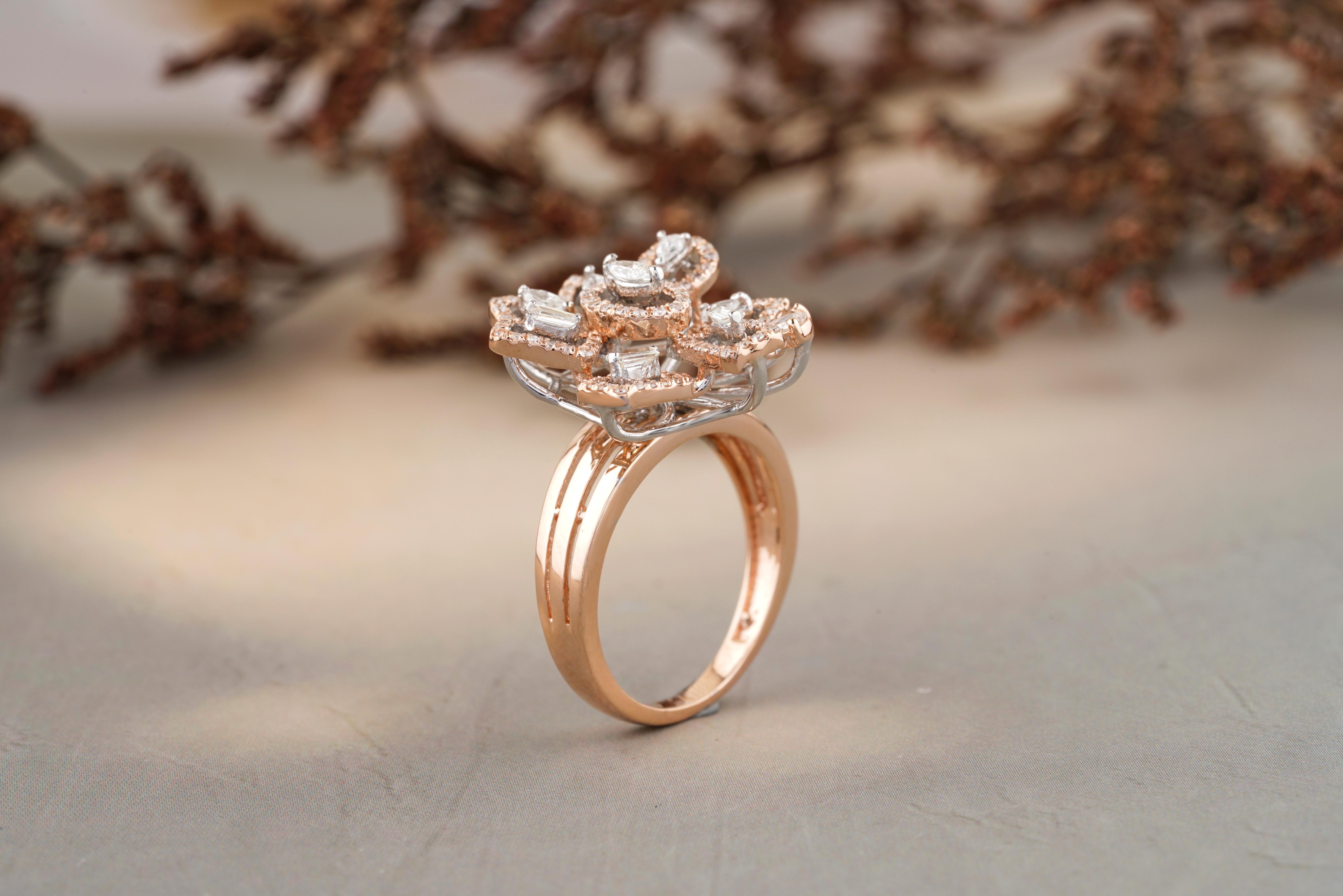 For Sale:  Flower Design Baguette, Marquise & Pear Diamond Ring in 18k Solid Gold 5
