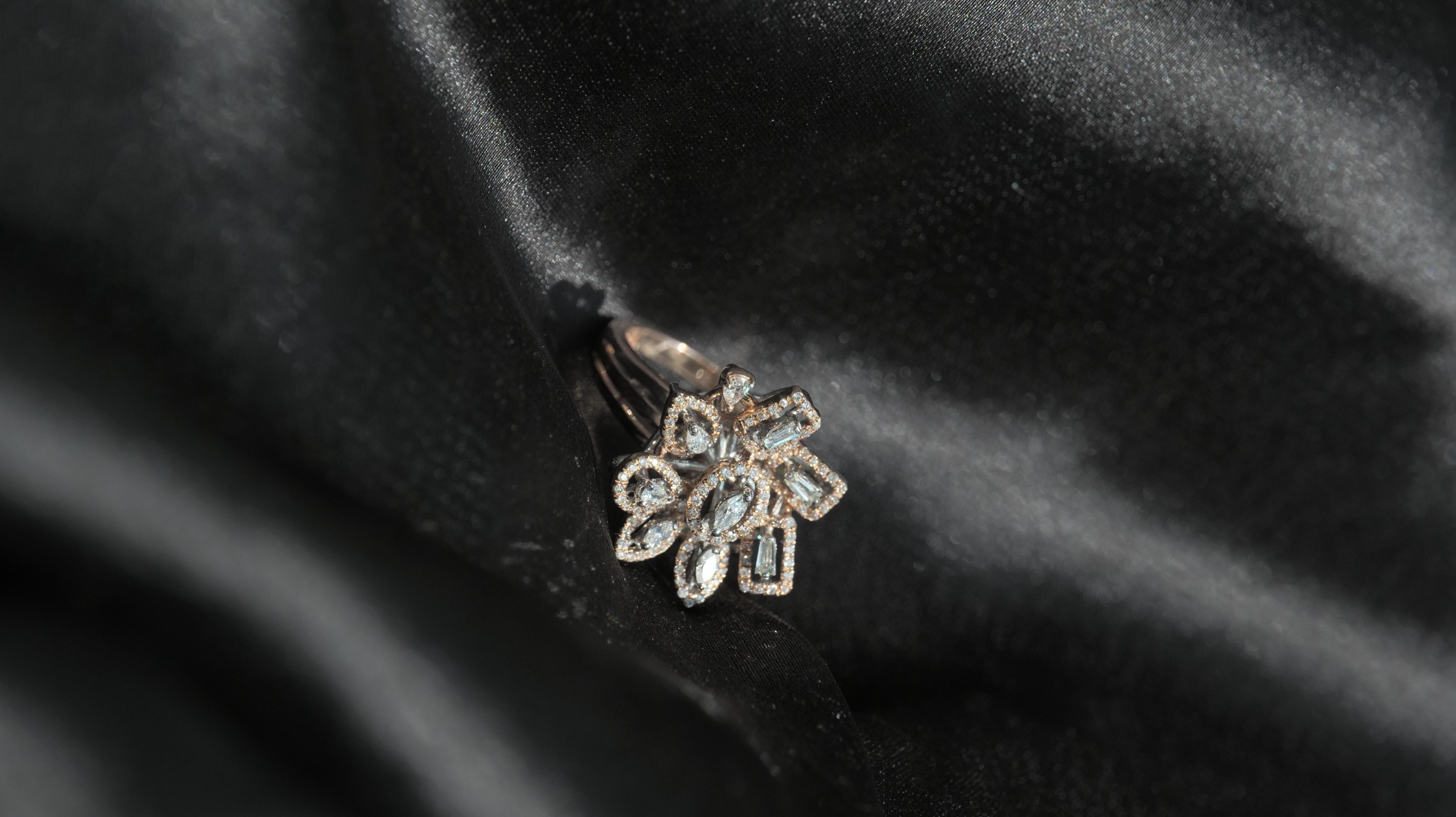 For Sale:  Flower Design Baguette, Marquise & Pear Diamond Ring in 18k Solid Gold 7
