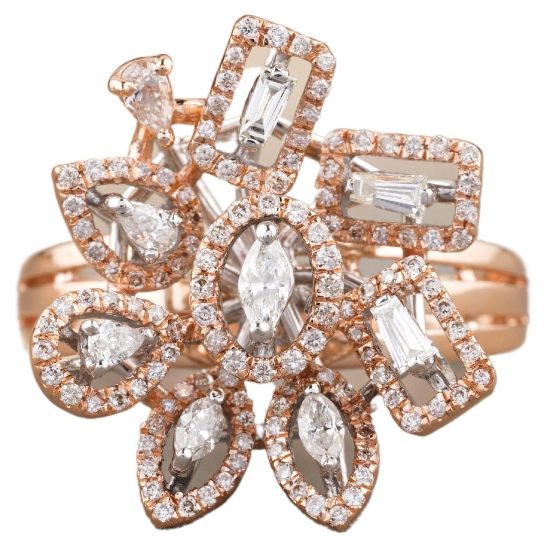 Ring aus 18 Karat massivem Gold mit Baguette-, Marquise- und birnenförmigem Diamanten im Blumendesign
