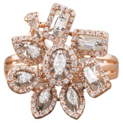 Flower Design Baguette, Marquise & Pear Diamond Ring in 18k Solid Gold